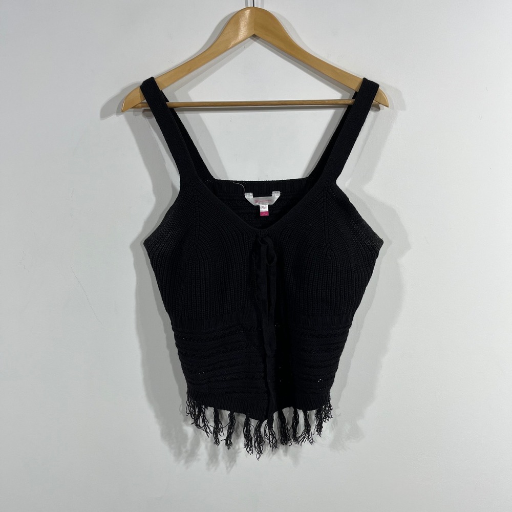 No Boundaries Y2K Boho Crochet Knit Lace Up Fringe Cami Crop Tank Top Womens XL